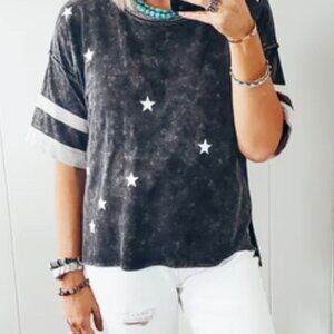 Star Print Distressed Black Short Sleeve‎ Womens Top White Striped Sleeves Loose